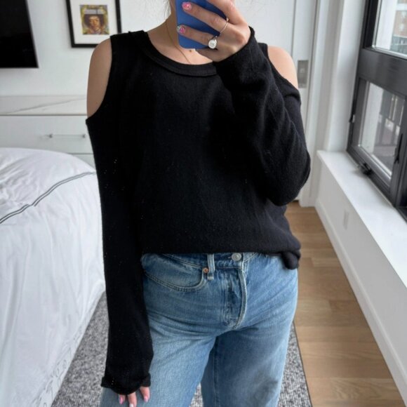 Aqua Cashmere Black Crew Neck Cold Open Shoulder Sweater-Small - Picture 4 of 7